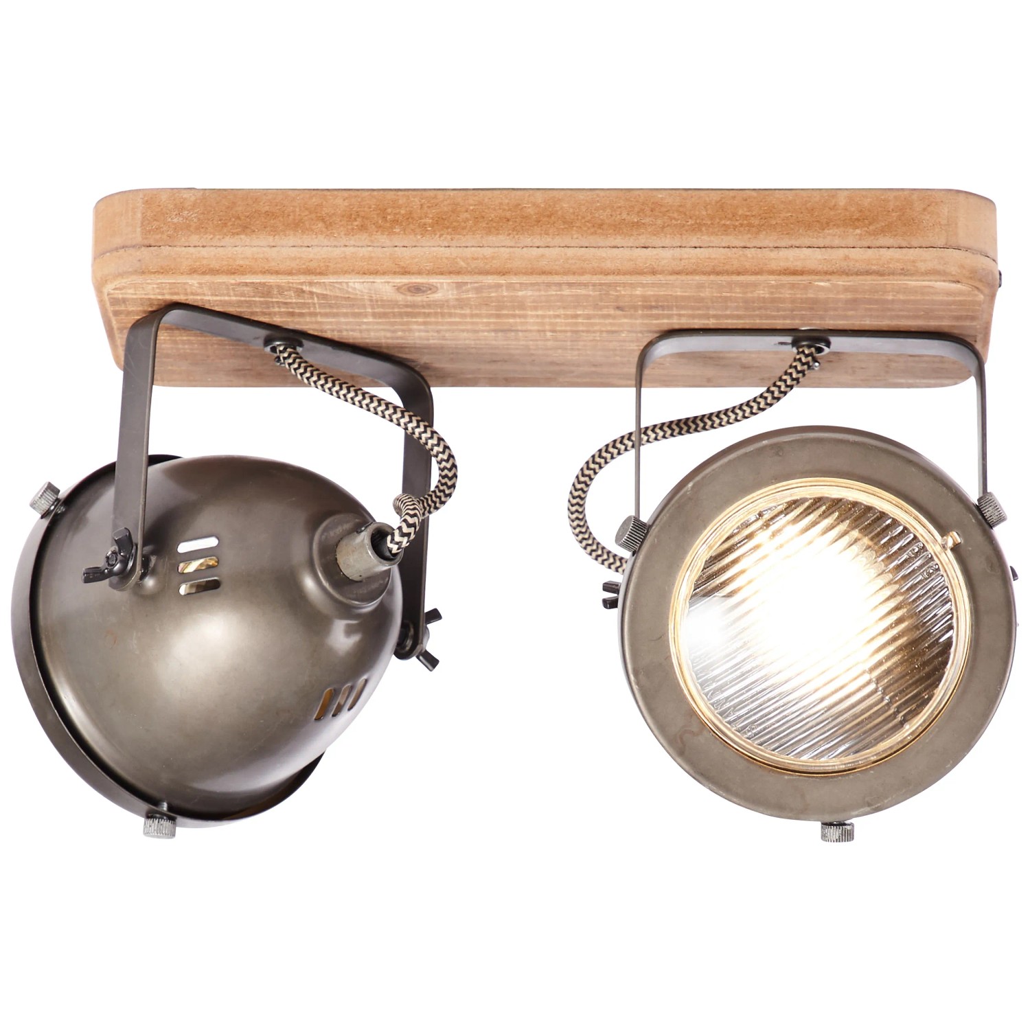 Brilliant Spot Carmen: 2-flammiger Deckenstrahler aus Holz und Metall in Burned Steel Optik.