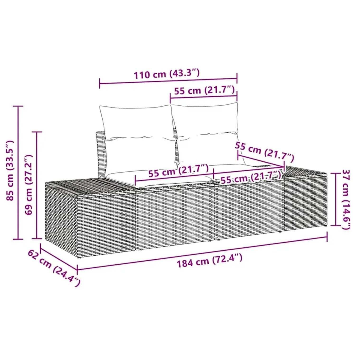 vidaXL Garten-Sofa-Set, 8-teilig, schwarz, Poly Rattan, mit Maßangaben.