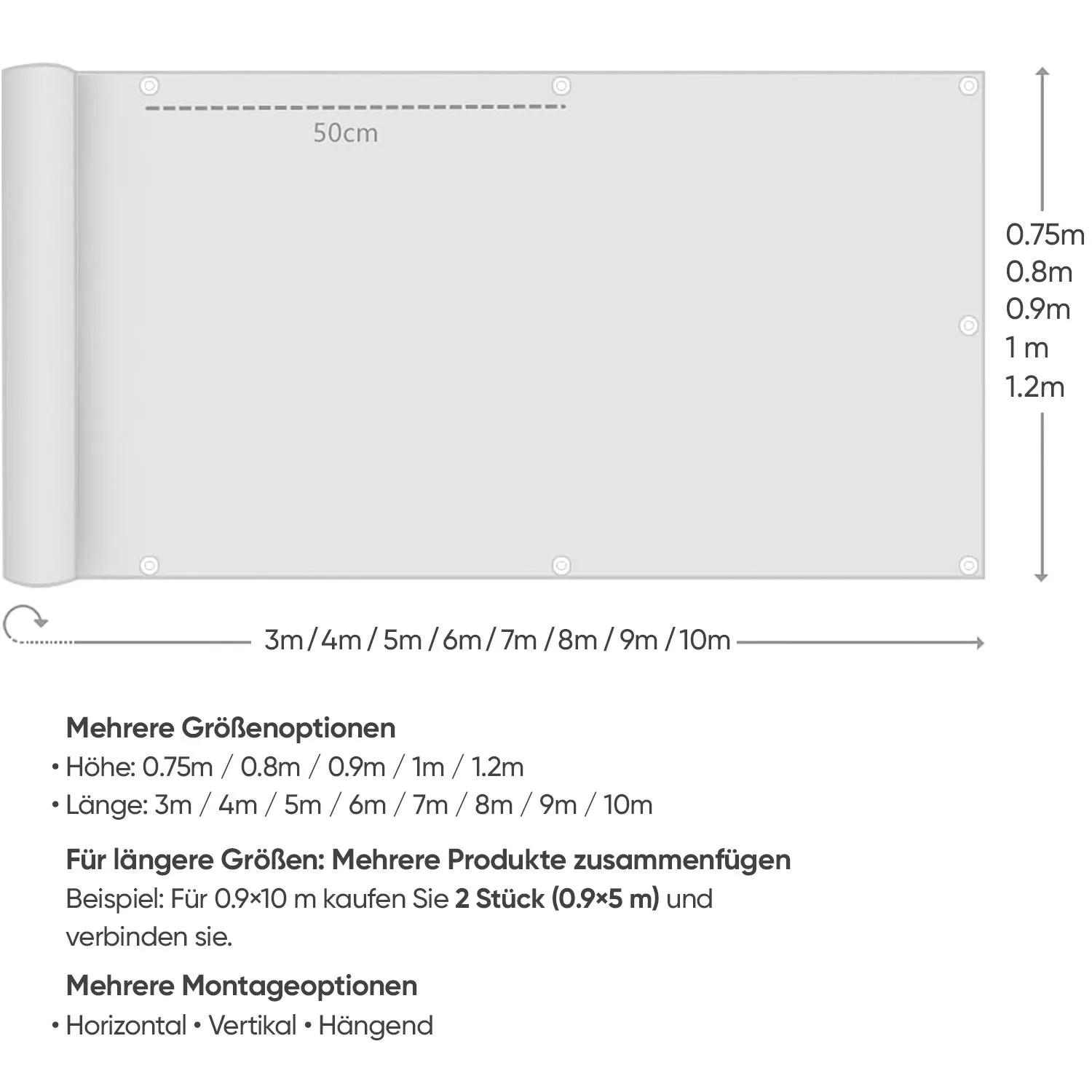 Sekey Balkonsichtschutz, beige, 90x500cm, aus Polyester, blickdicht und reißfest.