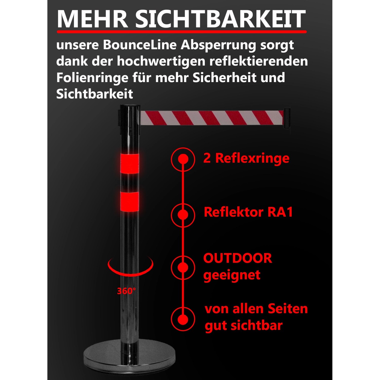 UvV BounceLine Personenleitsystem aus Edelstahl mit rot-weissem Gurt und Reflexstreifen.
