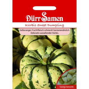 Dürr Samen Kürbis Sweet Dumpling Saatgut Packung mit cremeweißen, grün gestreiften Kürbissen.