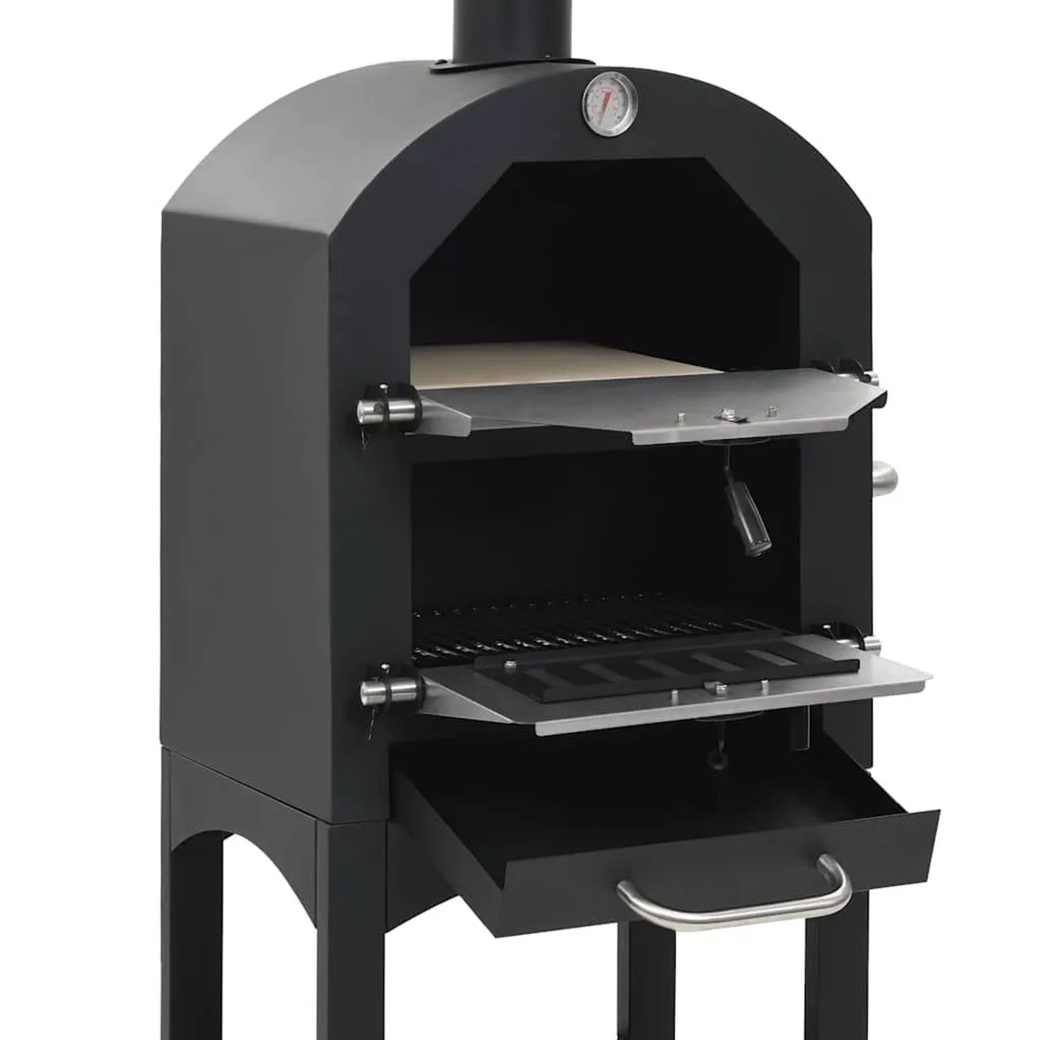 Schwarzer Holzkohle Pizzaofen mit Schamottstein für Garten und Küche.
