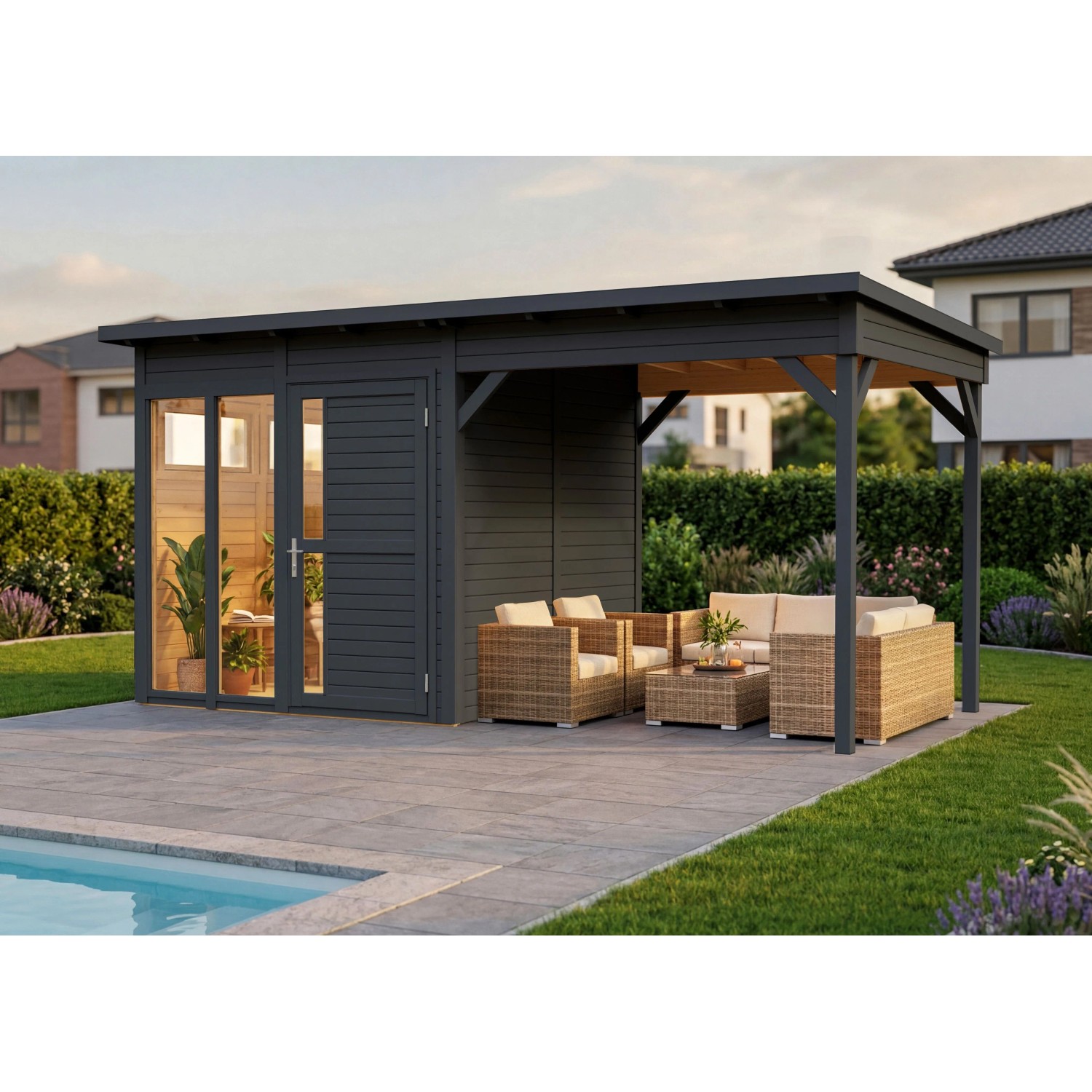 Bertilo Holz-Gartenhaus Pentus2Off.L anthr. Flachdach Lasiert 229 cm x 115 cm