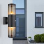 Moderne, schwarze Globo Außenleuchte mit zwei Lampen und Bewegungssensor an einer weißen Hauswand.