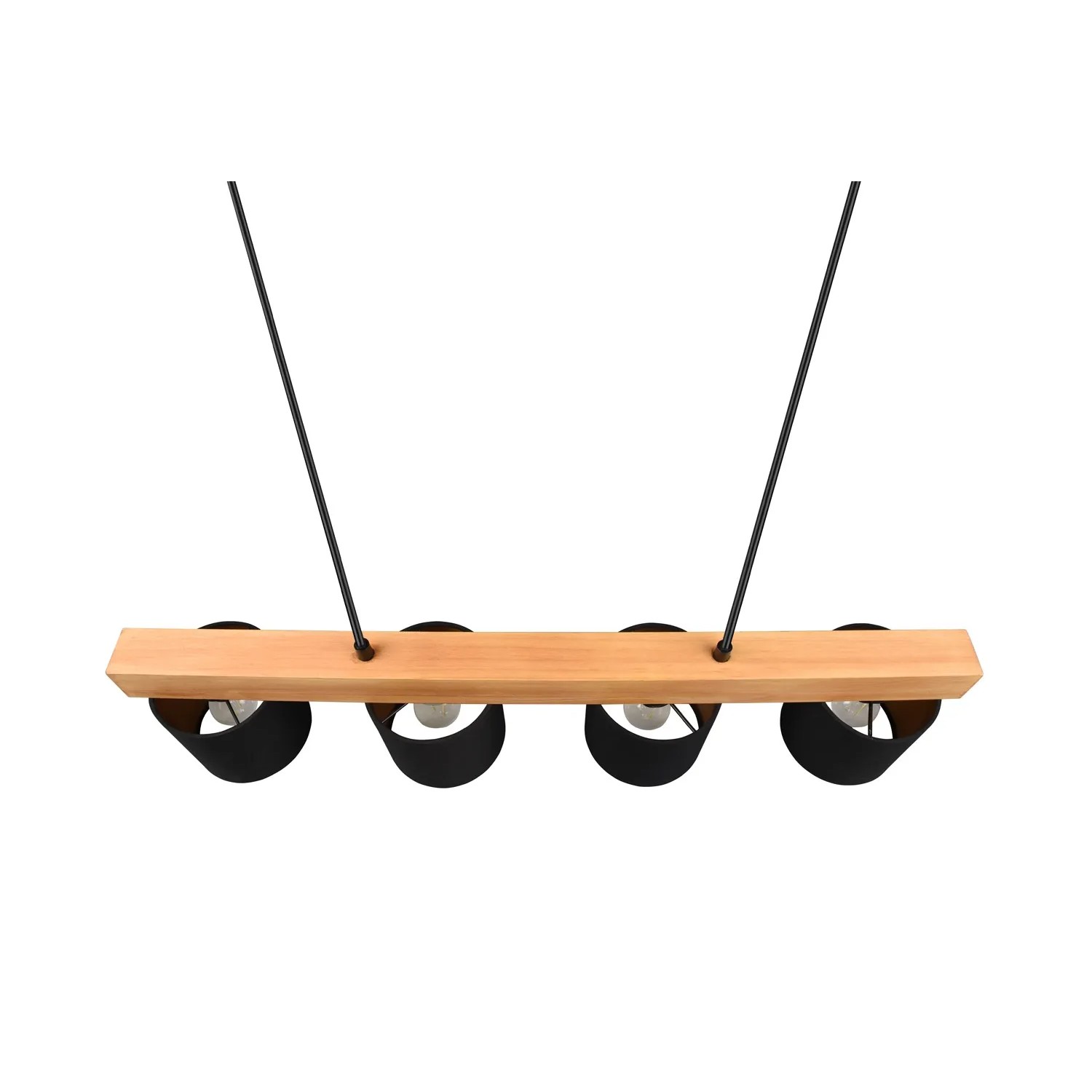 Reality Pendelleuchte Cameron, 4-flammig, Holz/schwarz-goldene Schirme, Hängelampe für Wohn- und Essbereich.