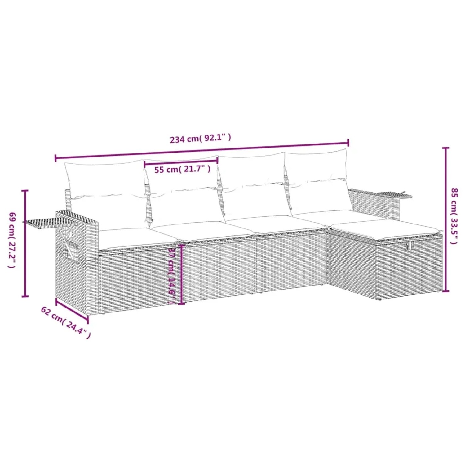 Schwarze 5-tlg. vidaXL Garten-Sofagarnitur aus Poly Rattan mit Kissen und Maßangaben.