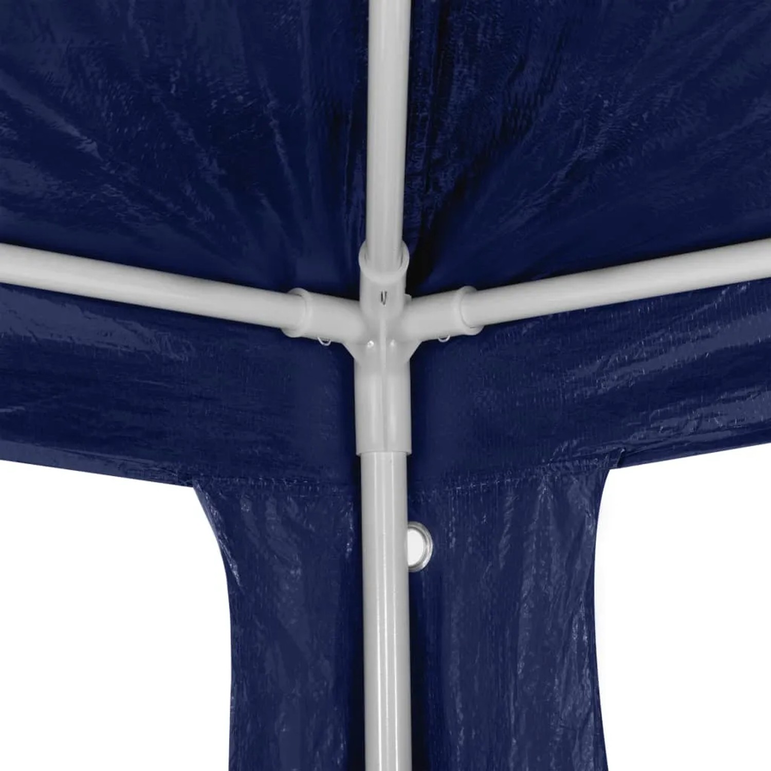 Detailaufnahme blaues Partyzelt 3x3 mit weißem Stahlrahmen. Markise & Sonnenschutz.