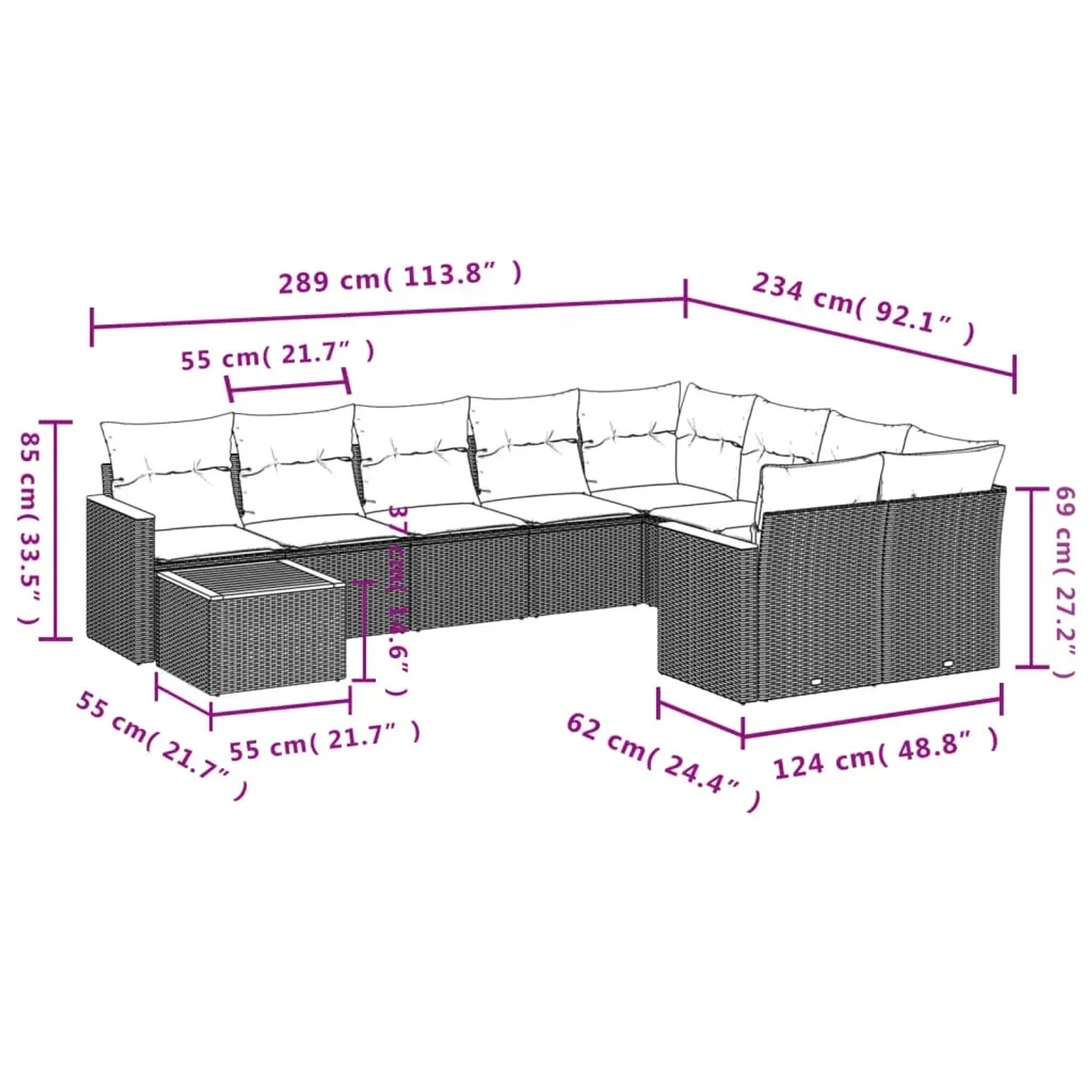 vidaXL 10-tlg. Garten-Sofagarnitur aus schwarzem Rattan mit Maßen.