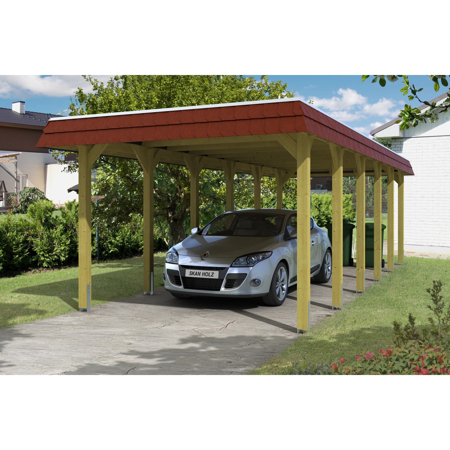 Skan Holz Walmdach-Carport Spreewald 345 cm x 893 cm Blende in Rot günstig online kaufen