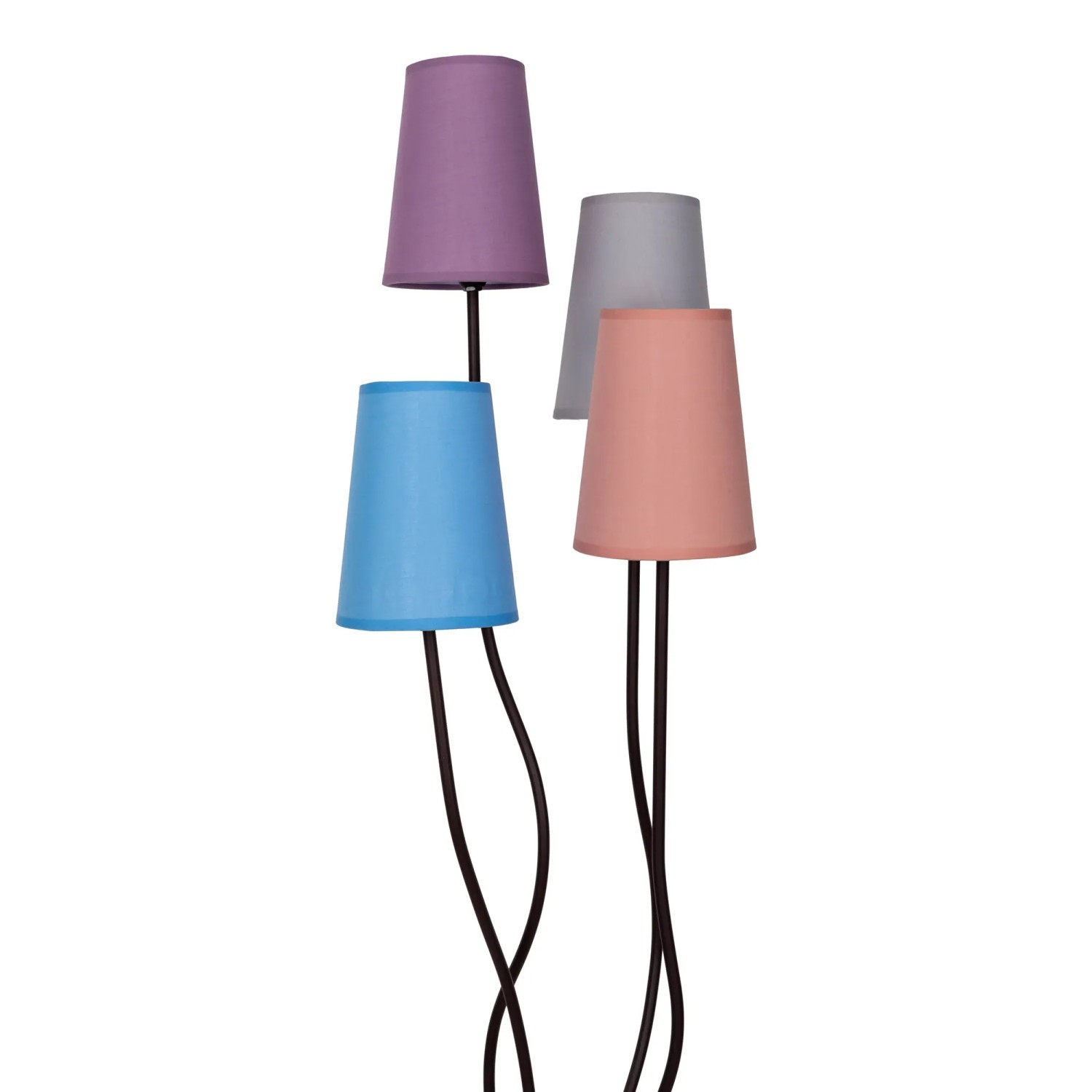 Bunte Näve Stehleuchte im Boho-Stil mit 4 Lampenschirmen in Lila, Grau, Rosa und Blau.