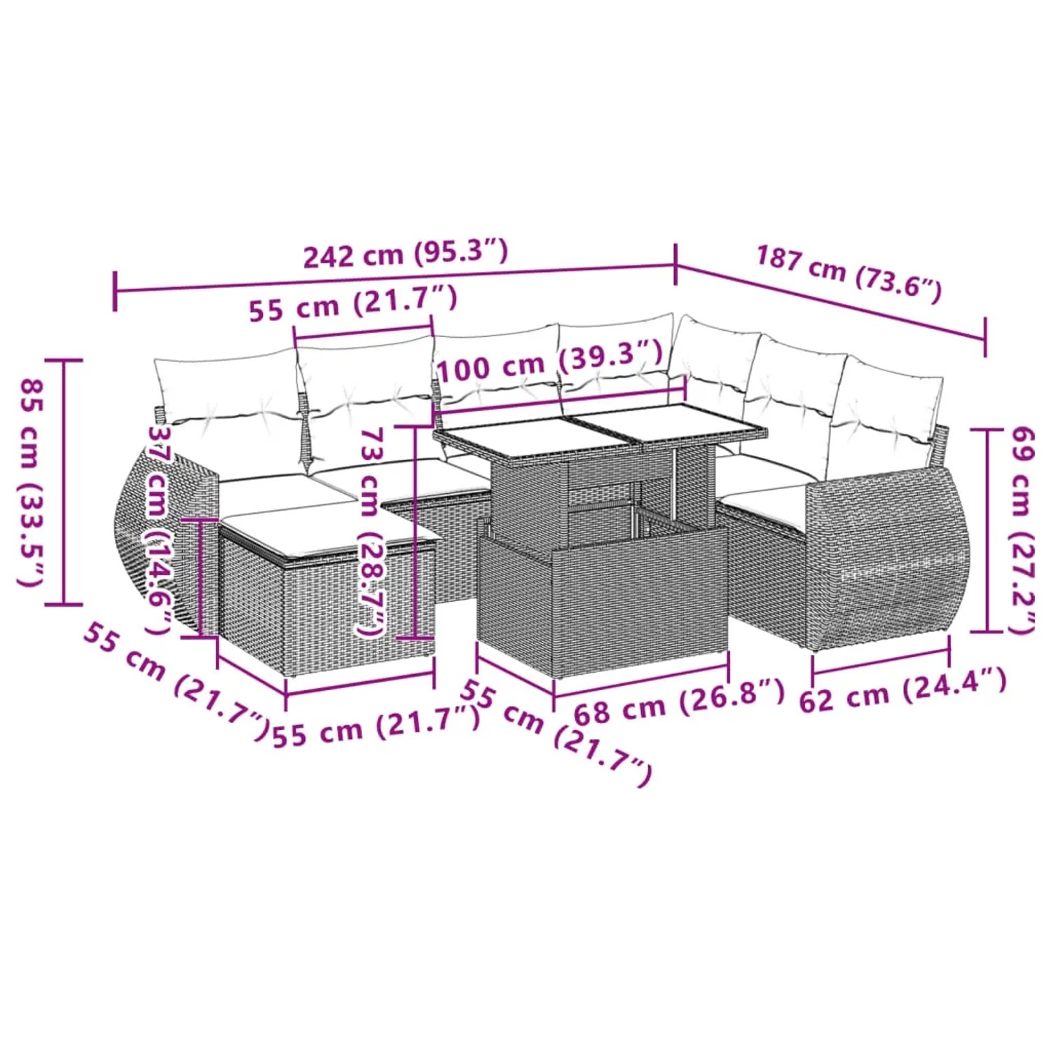 Graue 8-tlg. vidaXL Garten-Sofagarnitur aus Polyrattan mit Tisch und Kissen, Maße eingezeichnet.