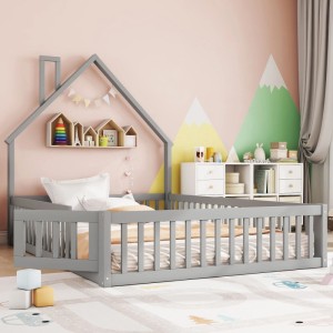 okwish Kinderbett 140×200 Hausbett mit Schornsteinform ohne Matratze