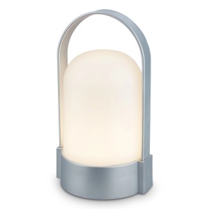 Brilo Akku-LED-Tischleuchte in Chrom-Matt mit Tragegriff, ideal für den Außenbereich.