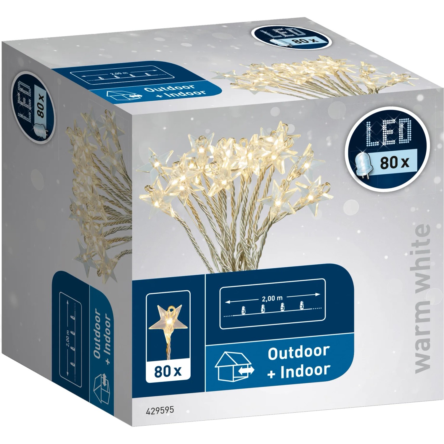 Verpackung einer LED Büschellichterkette mit 80 warmweißen Sternen für Innen und Außen.
