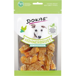 Dokas Hühnerbrust mit Kartoffel, 70g. Getrocknete Hunde-Natursnacks im wiederverschließbaren Beutel.