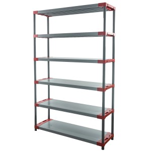 Graues PROREGAL Kunststoffregal Grey Bear Extra-Tall mit 6 Böden, Fachlast 70kg, rot/grau.