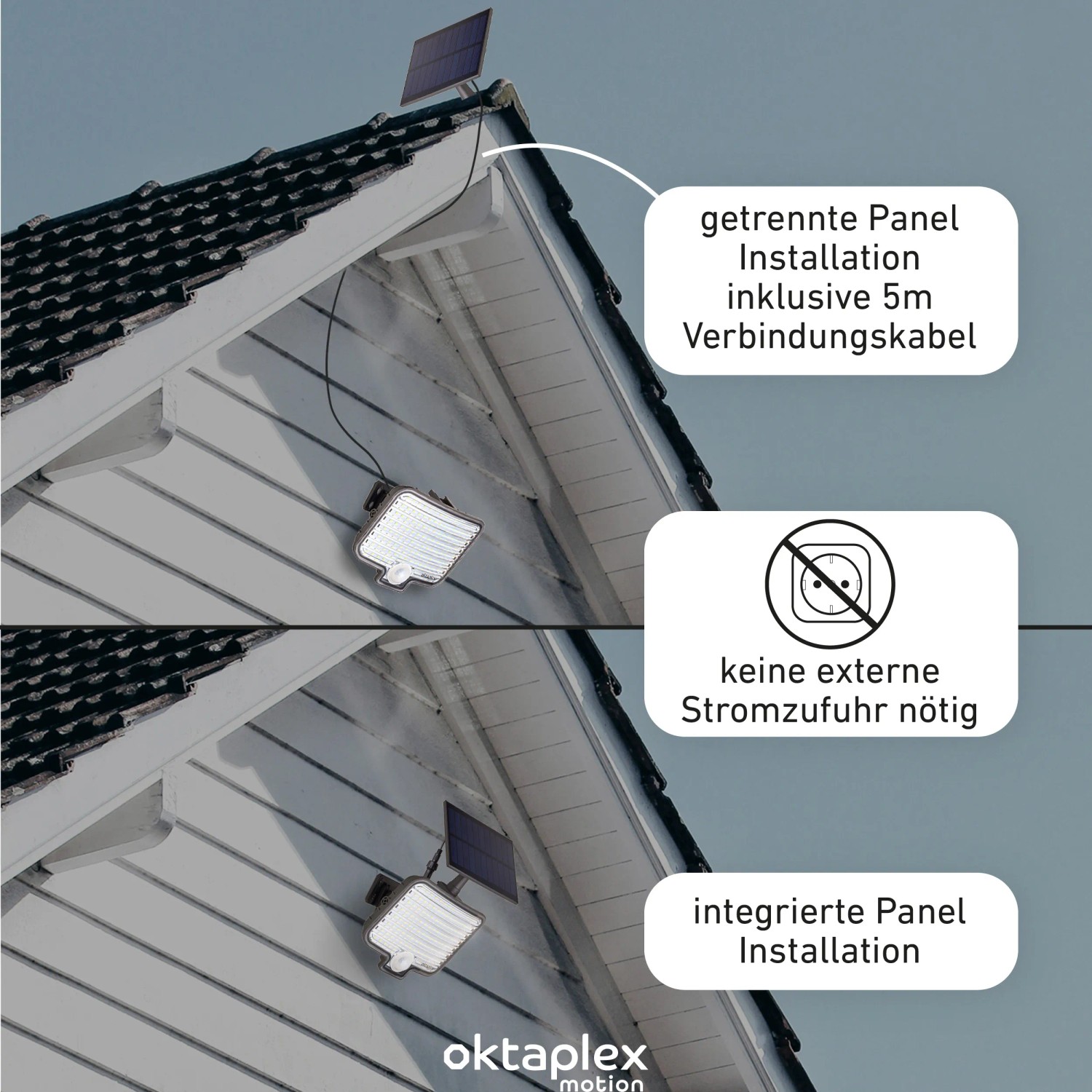 Oktaplex Solarstrahler 2er Set mit Bewegungsmelder an Hauswand montiert, Solarpanel separat/integriert.