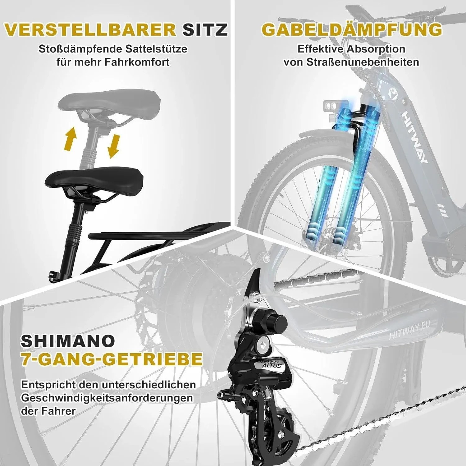HITWAY E-Bike BK16: Verstellbarer Sattel, Federgabel und Shimano 7-Gang-Schaltung für optimalen Fahrkomfort.