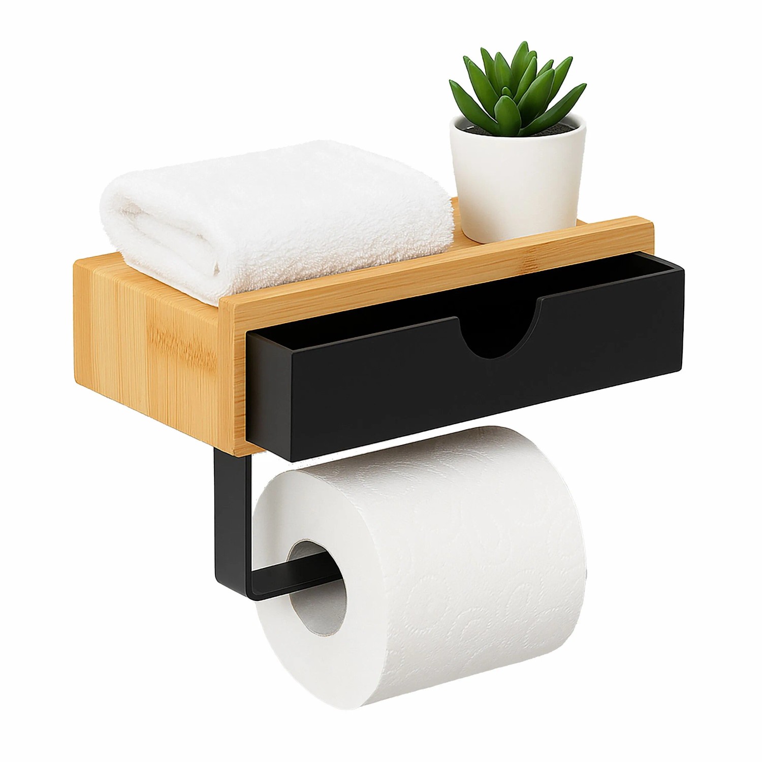 Relaxdays Toilettenpapierhalter Bambus Metall Schwarz mit Ablage 13 cm x 18,5 cm x 10,5 cm 0,42 kg
