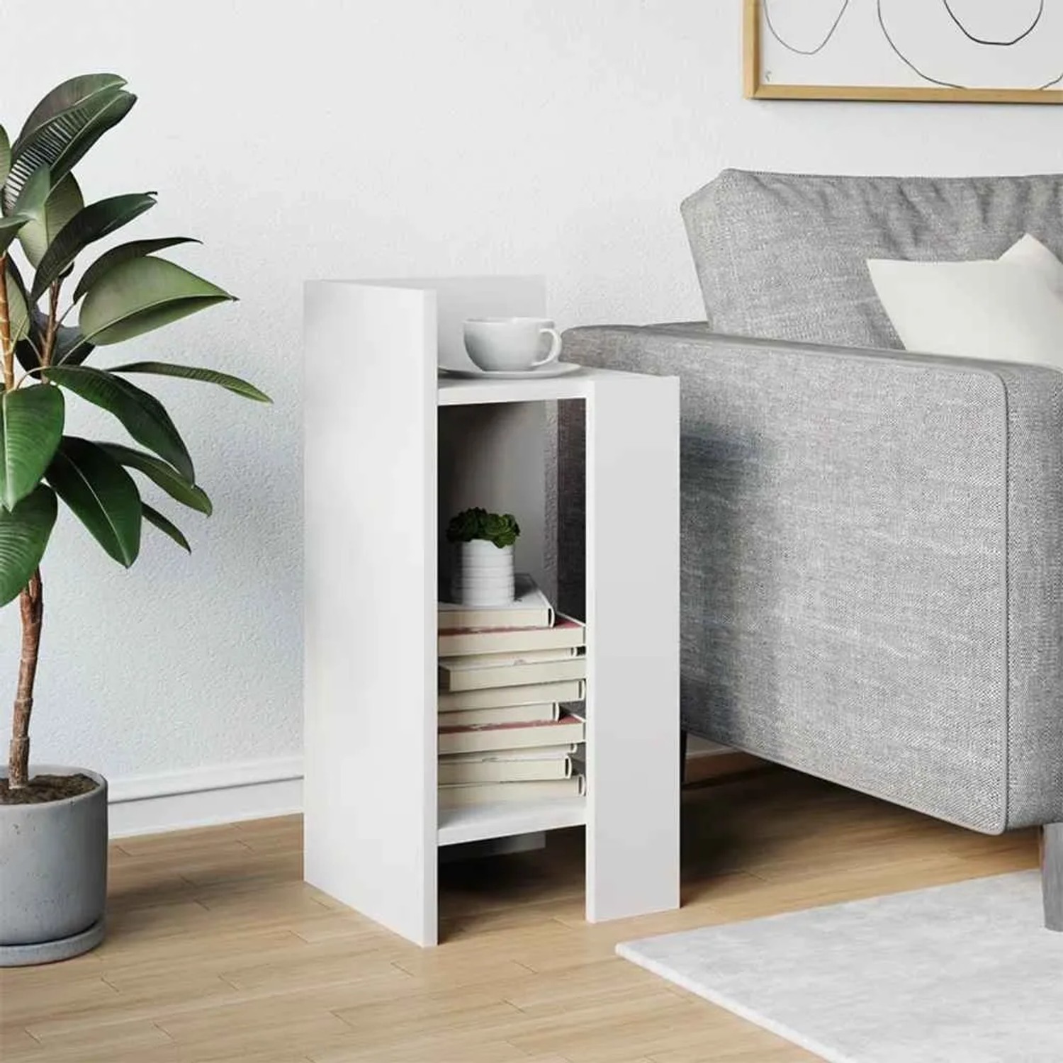 Moderner weißer vidaXL Beistelltisch mit 2 offenen Ablagen aus Holzwerkstoff, neben einem grauen Sofa, mit Büchern und einer Tasse.