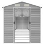 Hellgraues vidaXL Gerätehaus aus verzinktem Stahl, offene Tür, Gartenhaus für Werkzeug und Gartengeräte.