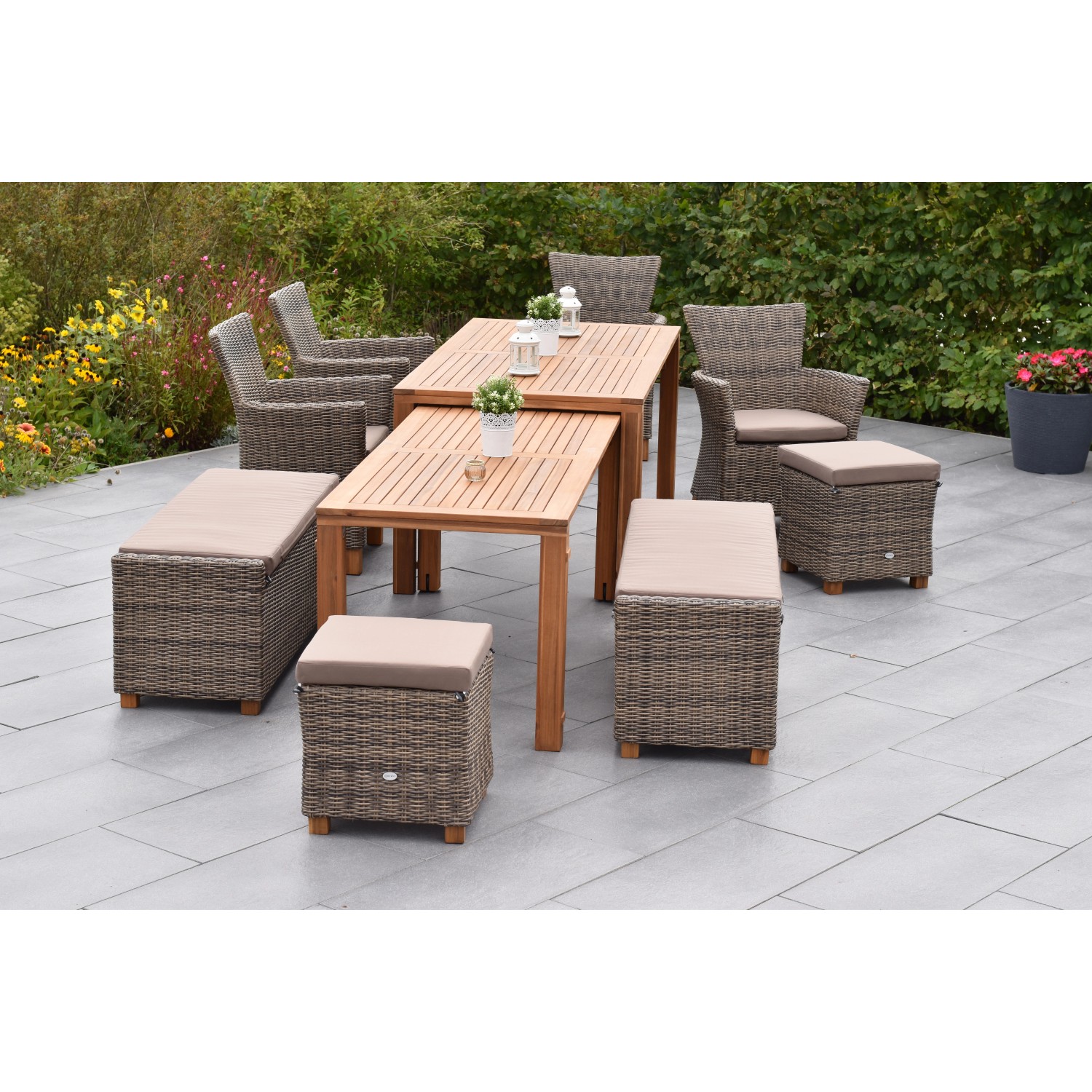 Merxx Toskana Set 9-tlg. 4 Sessel 2 Bänke 2 Hocker Flex-Gartentisch Auszieh günstig online kaufen