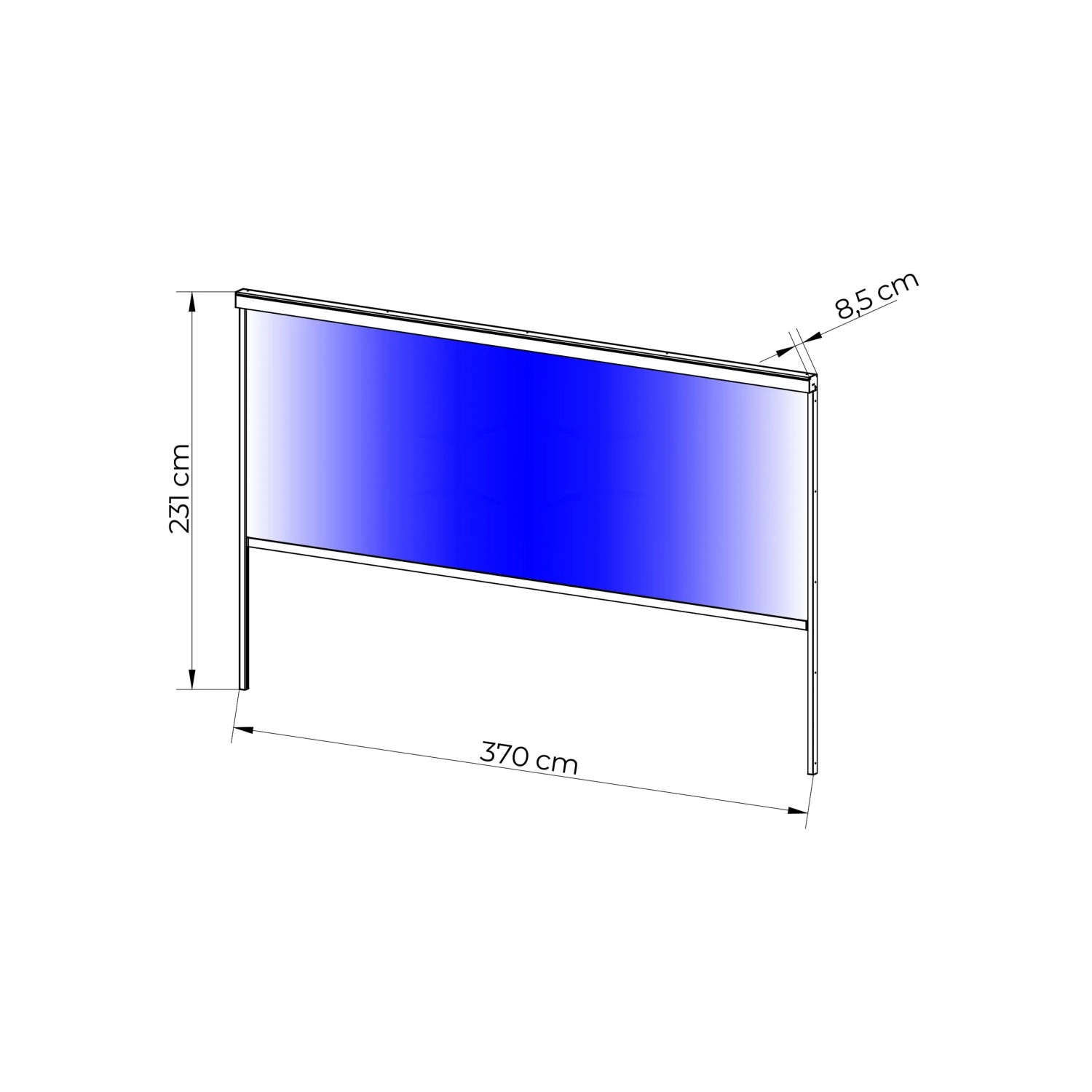 Technische Zeichnung MWH Rolllo CR Series 4m Anthrazit für Pergola. Maße: 231x370 cm. Sonnenschutz.