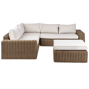 Hellbraunes Beliani Lounge Set PALERMO aus Polyrattan mit weißen Polstern. Gartenmöbel für Terrasse und Garten.