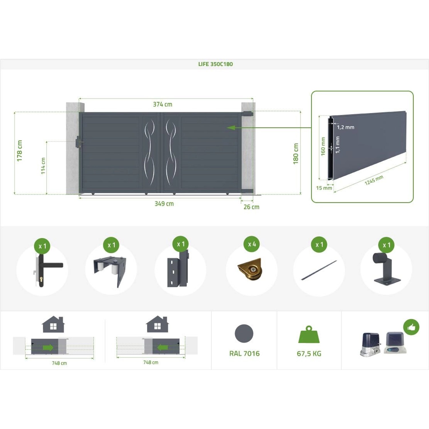 Skizze: Graues Casanoov Schiebetor 3,5m Life H 180cm aus Aluminium mit Maßangaben und Zubehör.
