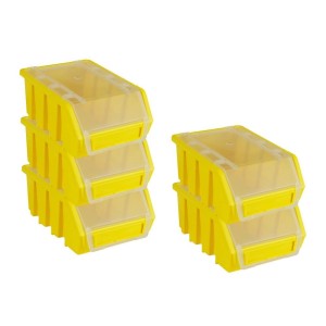 PROREGAL SuperSparSet: 5 gelbe Sichtlagerboxen mit transparenten Deckeln, gestapelt.
