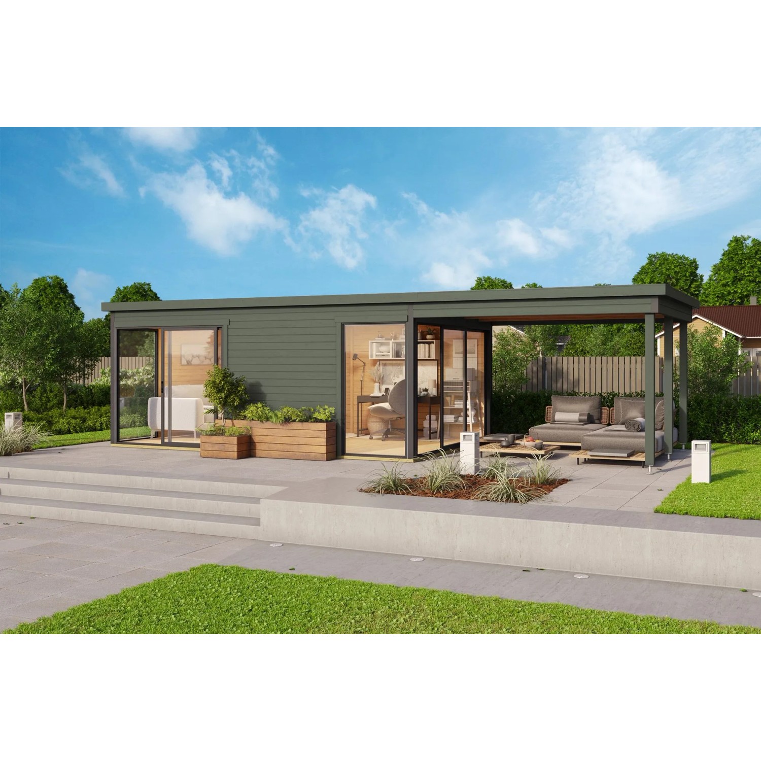 Lasita Dachverlängerung f. Gartenhaus Domeo 3 und 4 Grau-Grün 300 cm x 321,9 cm