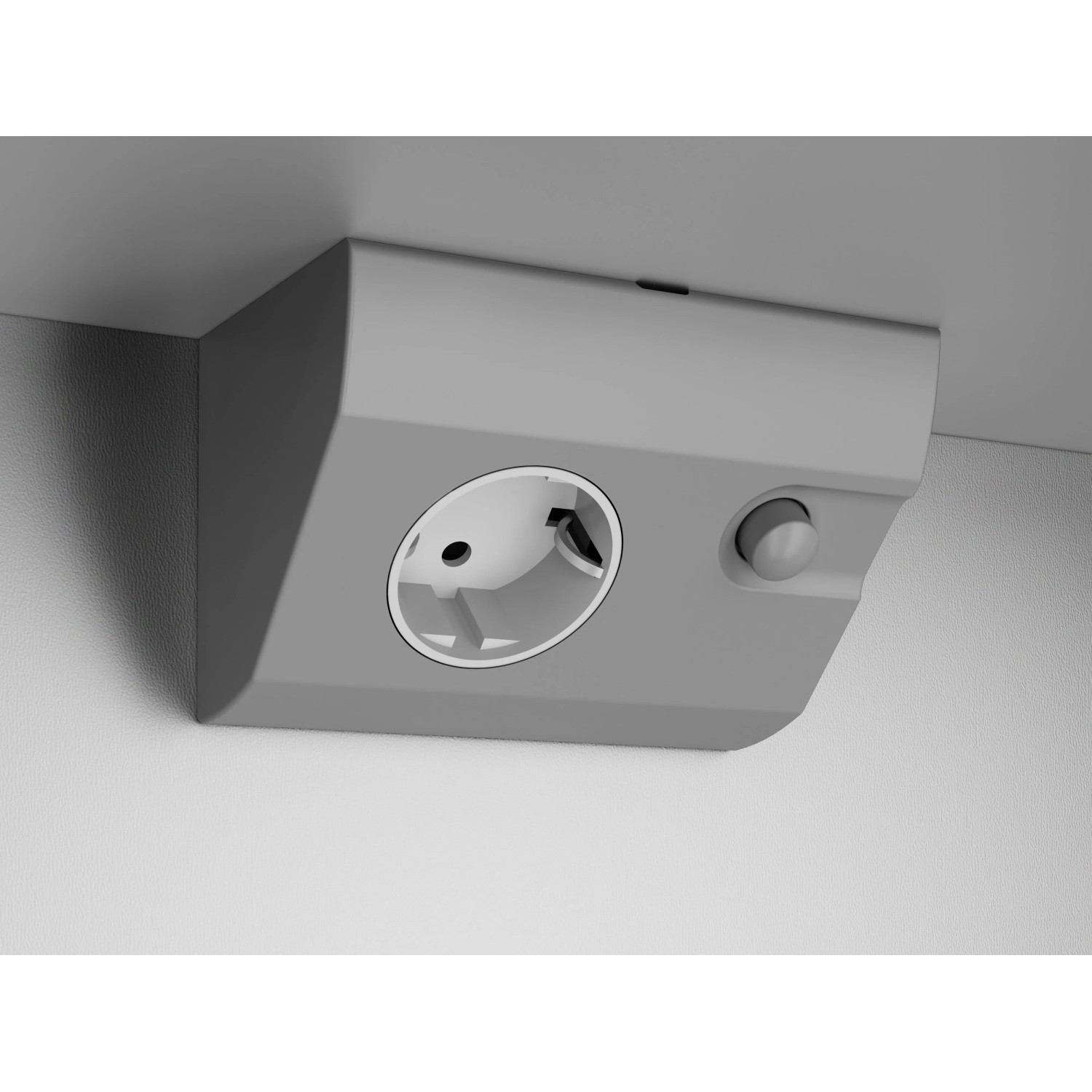 Detailaufnahme: Integrierte Steckdose im Jokey Spiegelschrank Alto Aluminium.