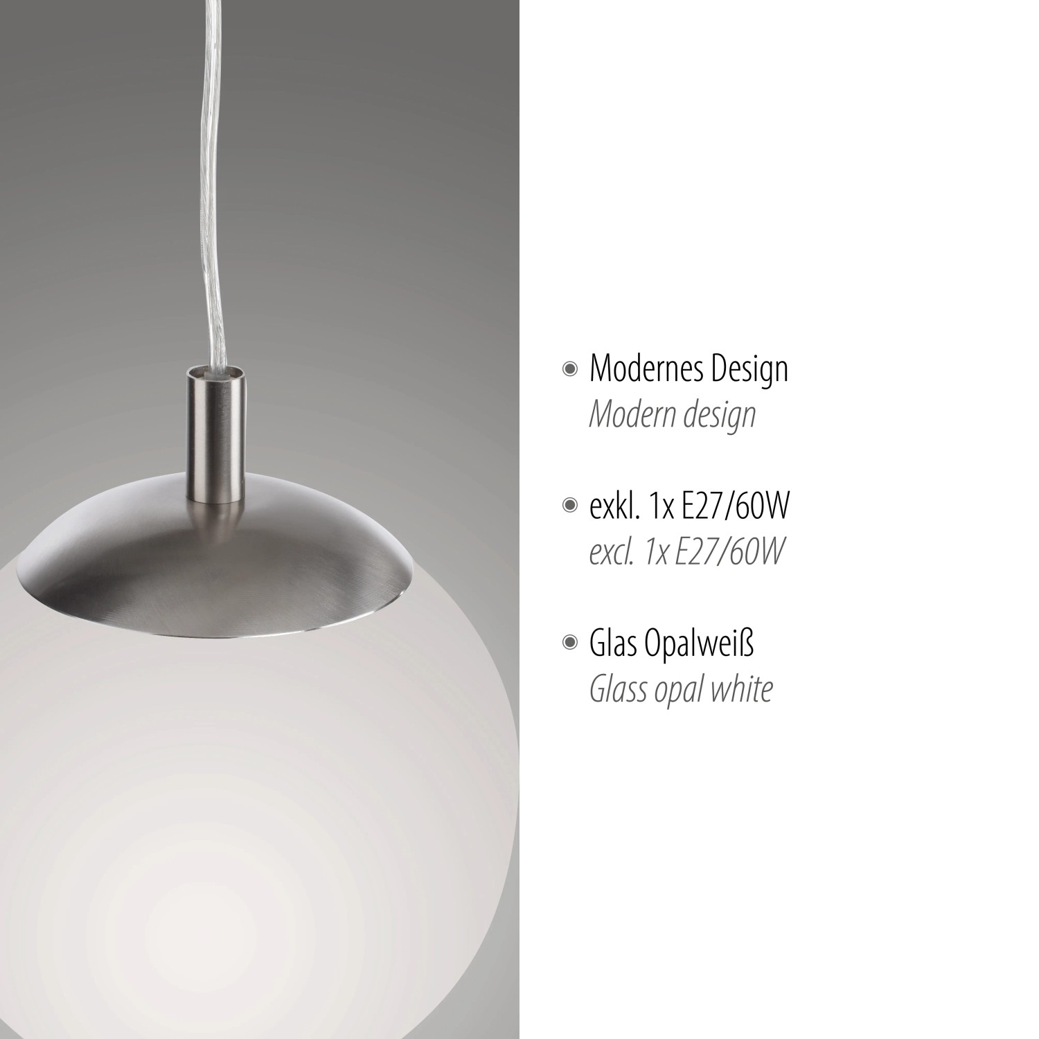 Paul Neuhaus Bolo Pendelleuchte, 1-flammig, Stahl und Opalglas weiß.