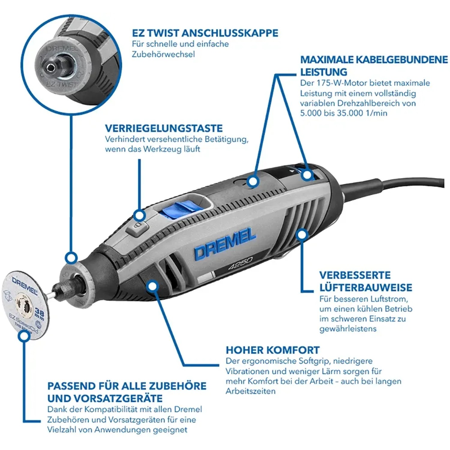 Dremel 4250 Multifunktionswerkzeug mit Zubehör für Schneiden, Schleifen, Polieren im Set.