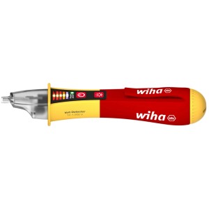 Roter Wiha berührungsloser Spannungsprüfer 12-1000V mit gelbem Griff, LED-Anzeige und Taschenlampe.