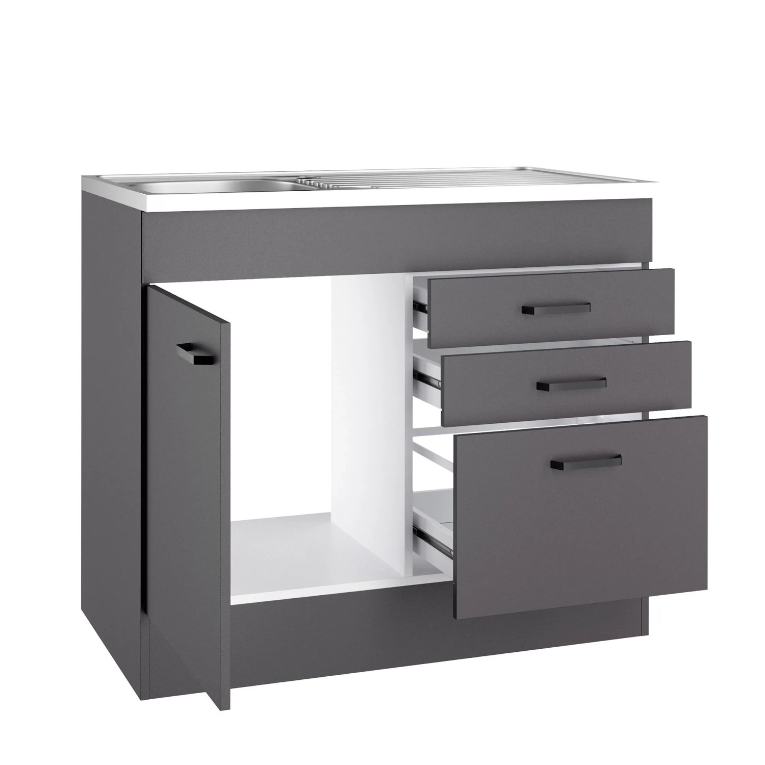 OPTIFIT Spülenunterschrank Kiel420, 100cm, Anthrazit mit Spüle, Schubladen und Tür.