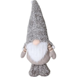 Stehender Stoff-Wichtel in Braun mit grauer Mütze, Weihnachtsdekoration für Innen- und überdachten Außenbereich.