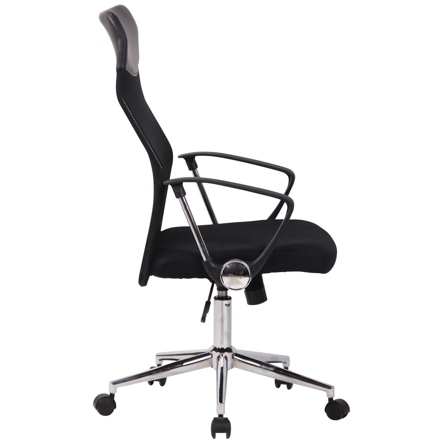 Ergonomischer, schwarzer DELUKE Bürostuhl MELO mit Netzbespannung und Chromfuß.