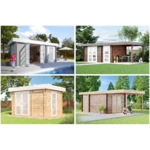 Collage: Carlsson Gartenhaus Modern-E, unbehandelt, mit Flachdach in verschiedenen Umgebungen.