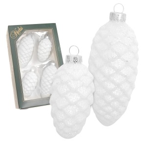 Krebs Glas Lauscha Weihnachtsornamente, 4 weiße Tannenzapfen aus Glas, ca. 7cm.