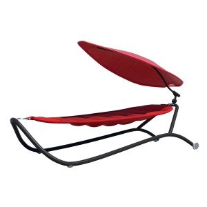 Rote Leco Luxus-Hängematte Gloria mit Sonnendach und anthrazitfarbenem Gestell. Ideal für Garten und Terrasse.