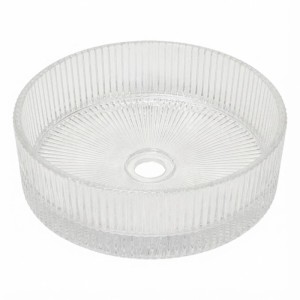 Klares, rundes Glas-Aufsatzwaschbecken mit geriffelter Oberfläche und zentralem Abfluss. Modernes Design für Bad & Gäste-WC.