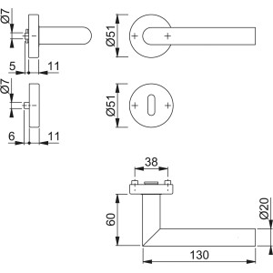Technische Zeichnung Rosetten-Garnitur Hudson Schwarz, Maße und Details für Türbeschlag.