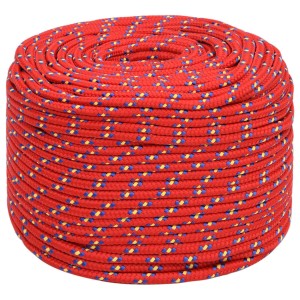 Rotes Polypropylen Bootsseil, 6 mm, mit blau-gelbem Muster, aufgerollt. Robustes Marine-Seil für Boote & Segeln.