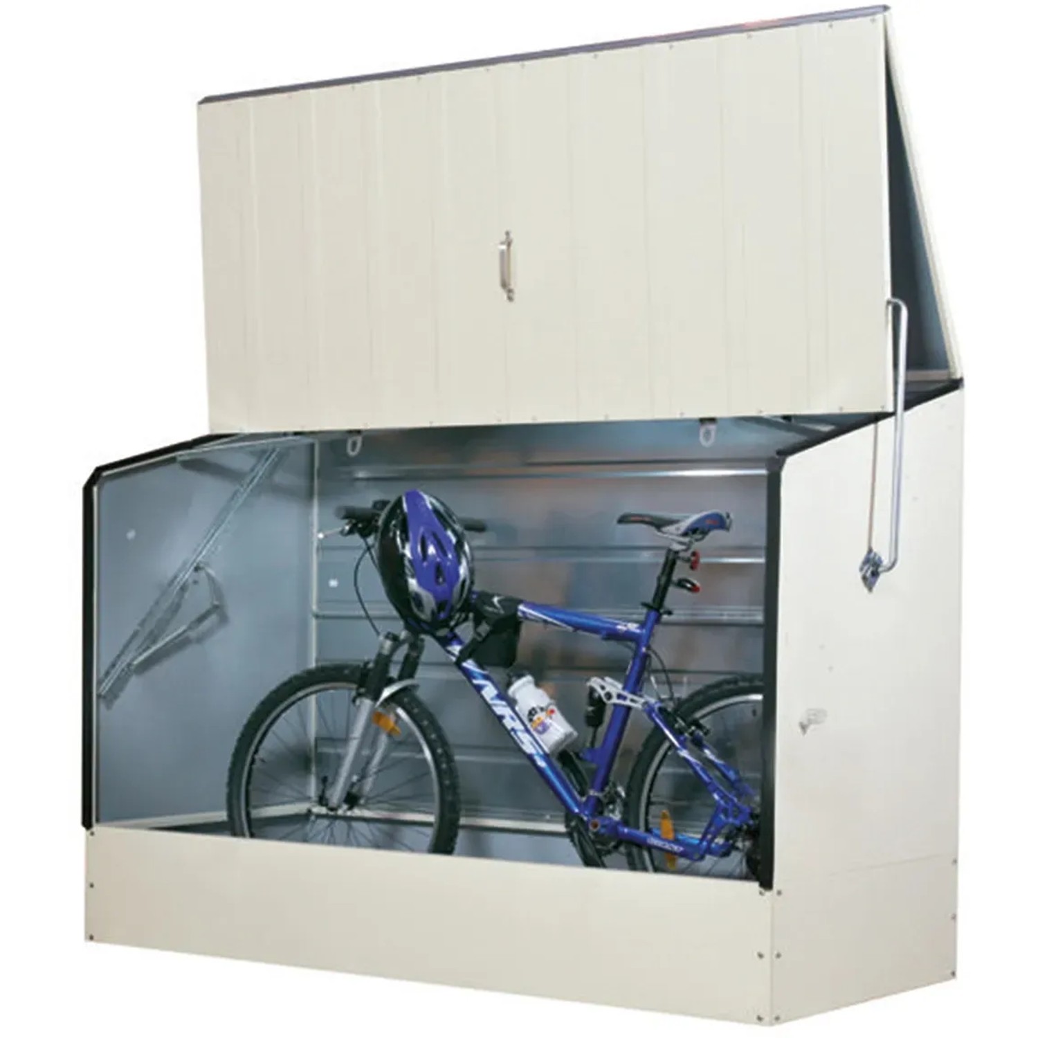 Geöffnete, hellbeige Duramax Fahrradbox mit Fahrrad und Helm darin.