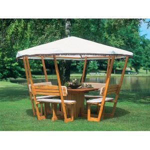 Pavillon Rosenheim mit weißem Dach, Kiefernholz, für 8 Personen. Gartenlaube mit Tisch und Bänken.