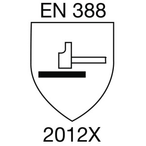 EN 388 Piktogramm für Staffl Arbeitshandschuhe. Schild mit Hammer-Symbol, mechanischer Schutz, Werte 2012X.