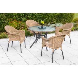 Merxx Gartenmöbel-Set Ravenna, 5-teilig: Tisch mit Glasplatte und 4 Rattansessel für den Garten.