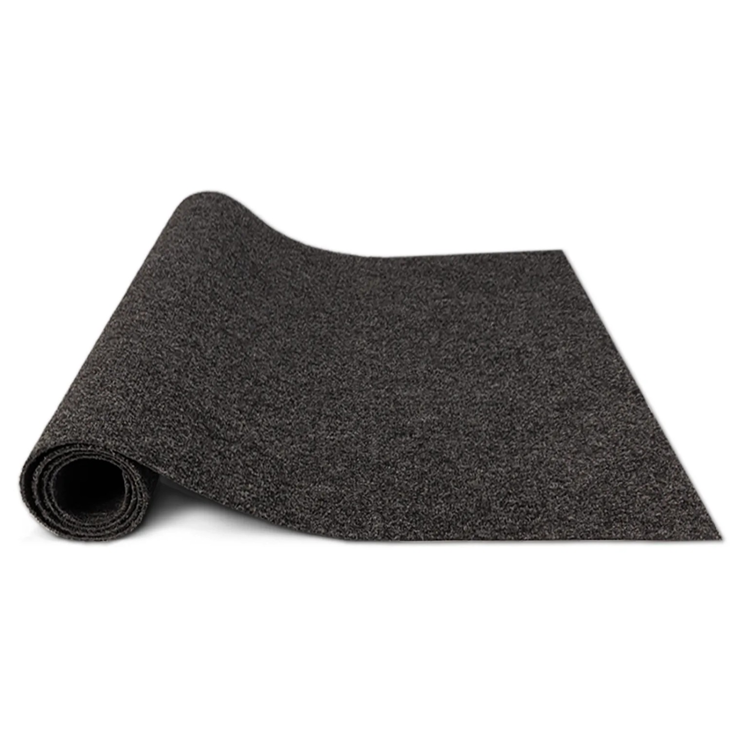 Anthrazitfarbene KARAT Grillmatte Dalton, teilweise aufgerollt. Bodenschutz für Grillbereiche.