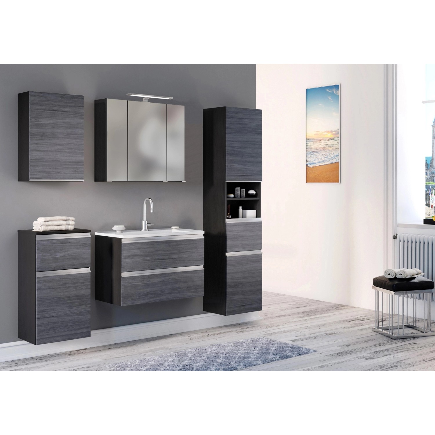 Held Möbel Unterschrank Neapel, 40 cm, Eiche Rauchsilber-Graphitgrau, Teil eines Badmöbel-Sets.
